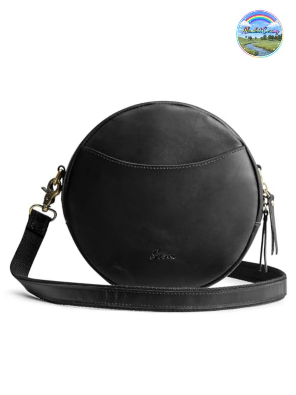 Top Grain Leather Circle Crossbody Bag Adjustable Strap Travel